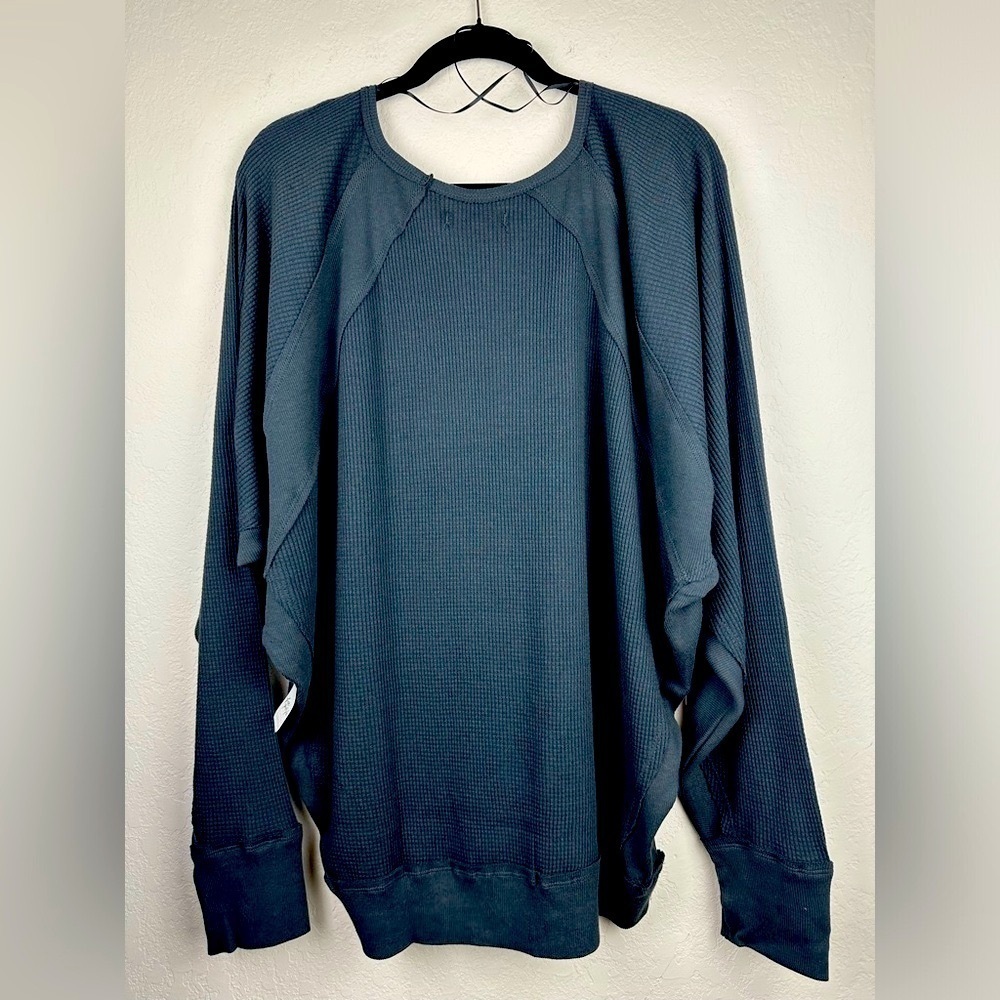 FREE PEOPLE Santa Clara MSRP $78 Women’s large black waffle knit v-neck pullover - Picture 7 of 13